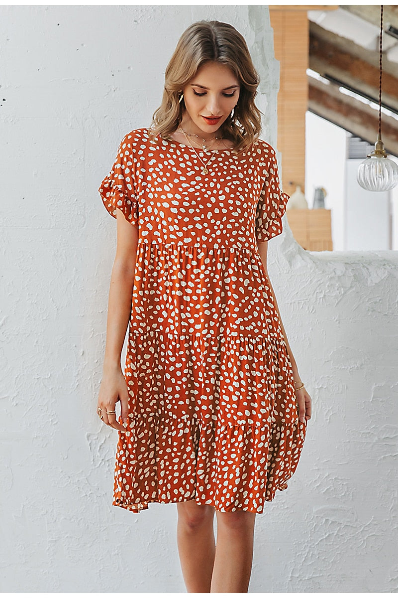 Sexy Polka Dot Casual O-neck Loose Leopard Print Summer Casual Short Sleeve Ruffle Dress