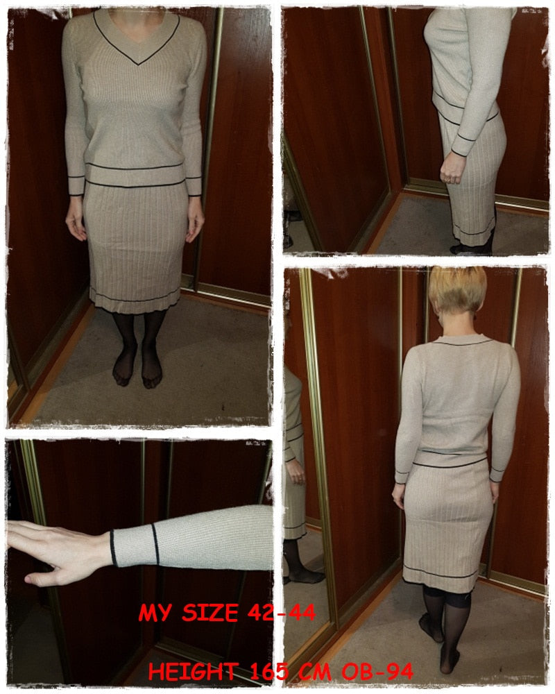 Elegant Two Piece Knitted V-neck Pleated Sweater Loose Office Dress