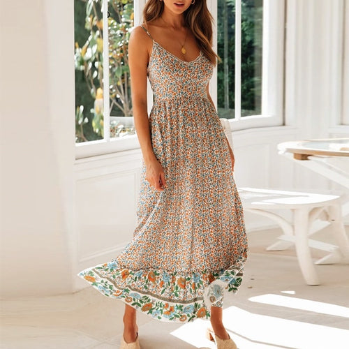 Load image into Gallery viewer, Boho Floral Print Beach V-neck Straps Spring Long Dress High Waist A-line Dress
