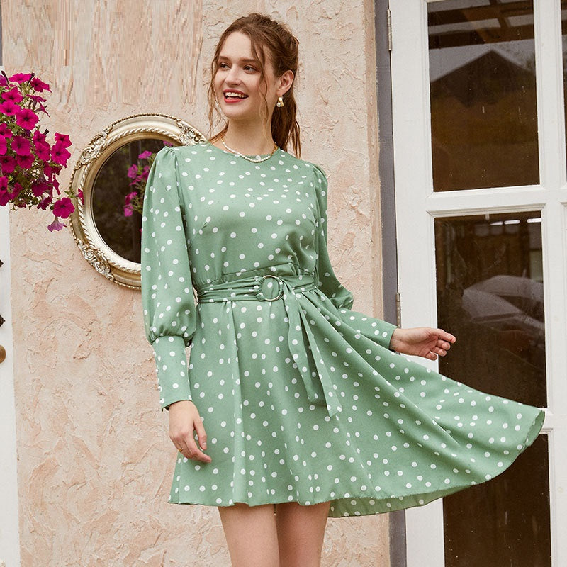 Commute Crew Neck Polka Dot Green Long Sleeve Asymmetrical Knee Length Sash Midi Dress