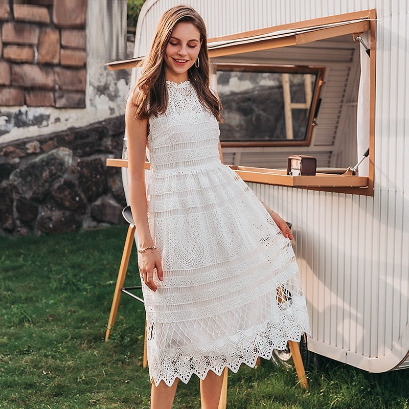 Elegant Sleeveless White Casual Embroidery Long Sundress Summer Maxi Dress