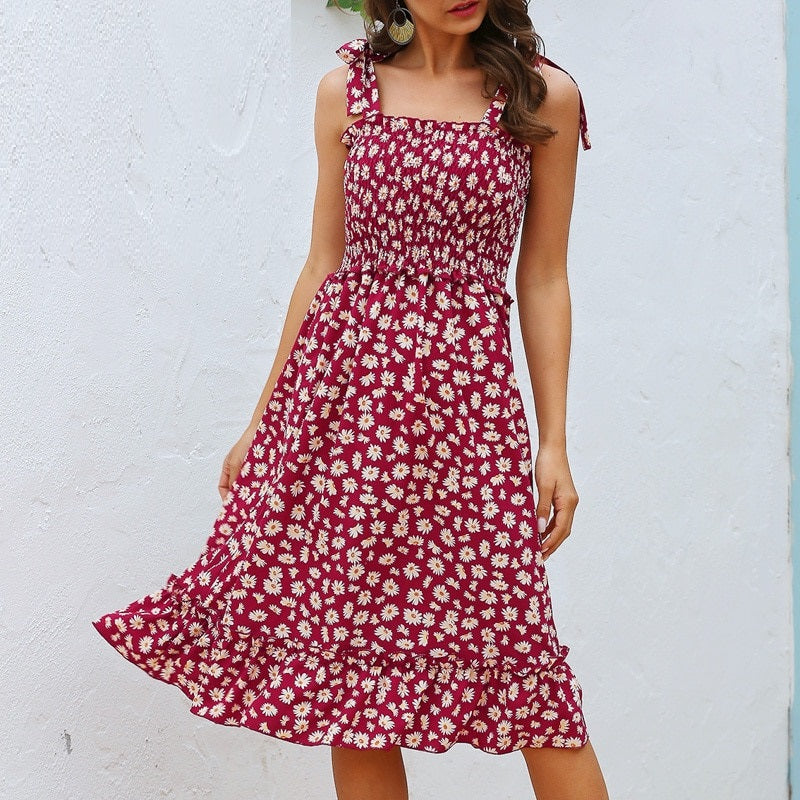 Ruffled Summer Casual Sleeveless Strap Ruched Floral Print Beach High Waist Holiday Maxi Dress