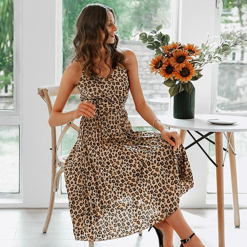 Load image into Gallery viewer, Sexy Spaghetti Strap Party A-line Pleated Midi Summer Office Leopard Print Dress
