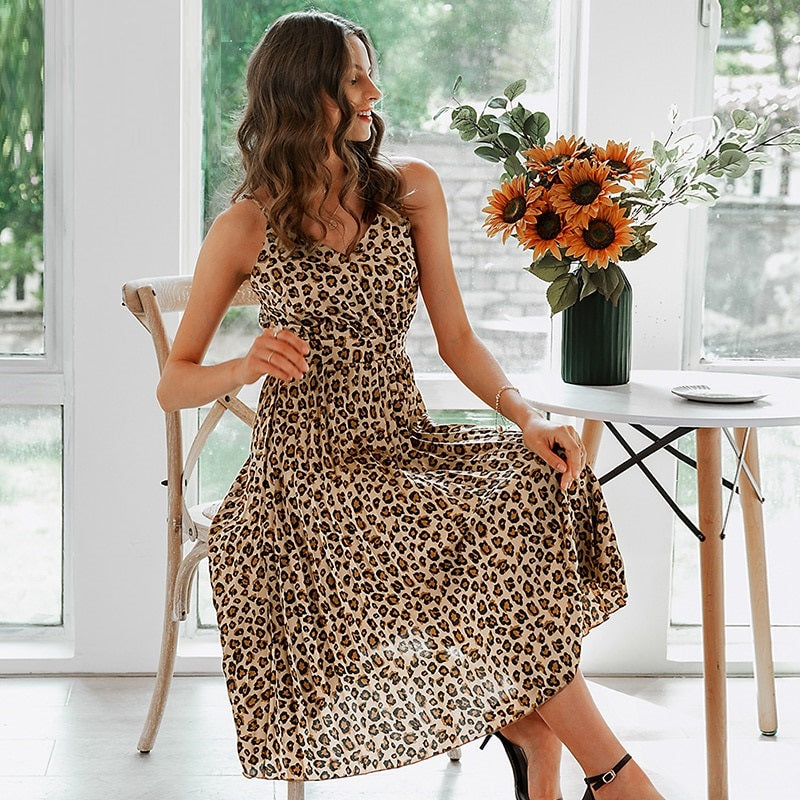 Sexy Spaghetti Strap Party A-line Pleated Midi Summer Office Leopard Print Dress