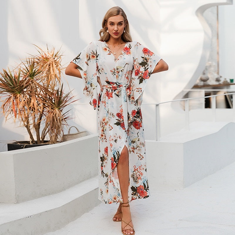 Sexy V-neck Floral Print Elegant Long Sleeve Asymmetrical Sundress Summer Long Maxi Dress