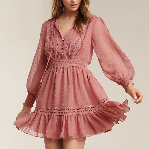 Load image into Gallery viewer, Chiffon Party Polka Dot Lantern Sleeve Lace Vintage Ruffles Hollow Out Dress
