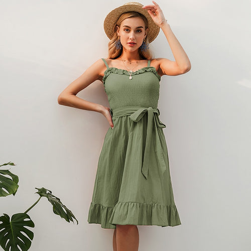 Load image into Gallery viewer, Sleeveless Ruffle Elegant Ruched Sashes Bow Cotton Summer Midi Sexy Solid Dress
