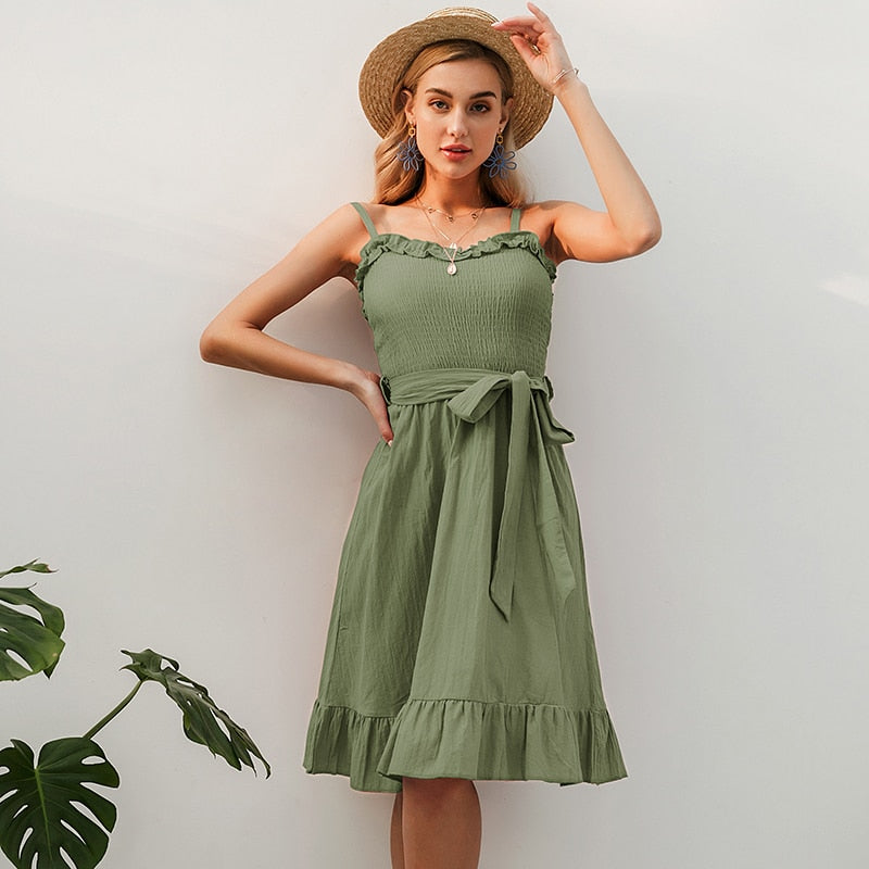 Sleeveless Ruffle Elegant Ruched Sashes Bow Cotton Summer Midi Sexy Solid Dress