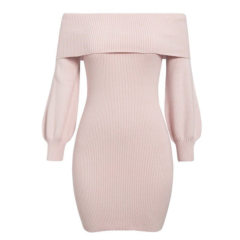 Elegant Knitted Off Shoulder Long Sleeve Soft Sweater Office Dress