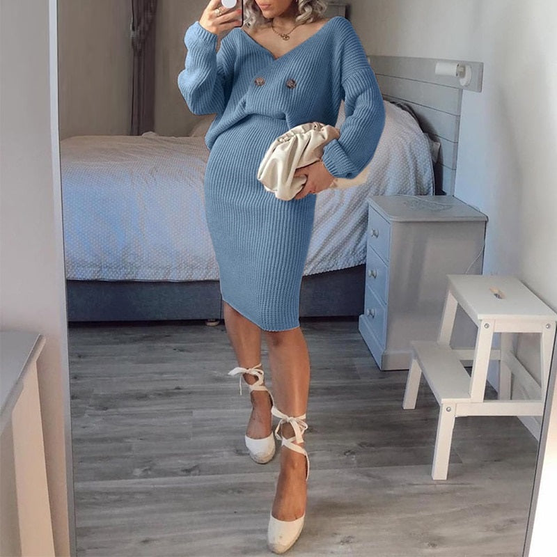 Sexy V-neck Knitted Skirt Winter Batwing Sleeve 2 pieces Elegant Party Sweater Blue Dress
