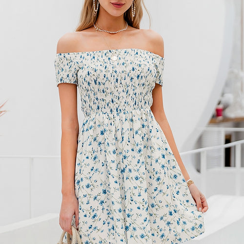 Load image into Gallery viewer, Elegant Off Shoulder Mini Boho Floral Print A-line Spring Summer Holiday Dress
