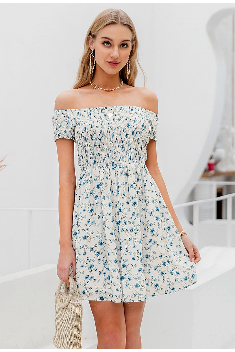 Elegant Off Shoulder Mini Boho Floral Print A-line Spring Summer Holiday Dress