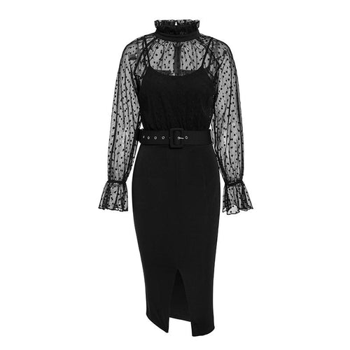 Load image into Gallery viewer, Sexy Striped Lace Black Polka Dots Belt Sheath Party Puff Sleeve Office Dress
