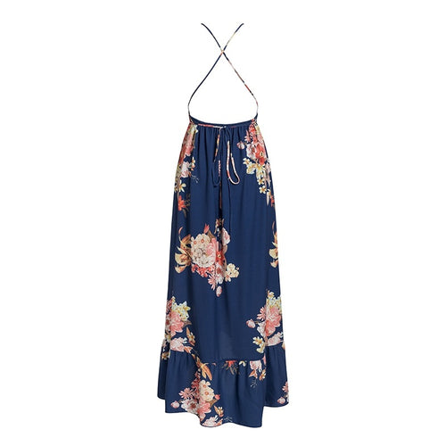 Load image into Gallery viewer, Sexy V-neck Backless Long Floral Print Lace Up Ruffled Spring Summer Holiday Beach Dress
