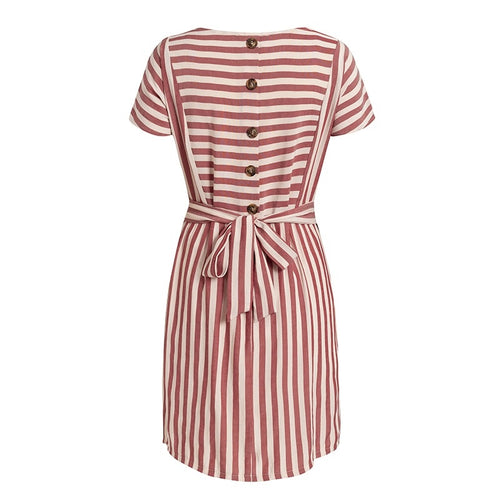 Load image into Gallery viewer, Striped Casual Buttons Strap Short Sleeve Summer O-neck A-line Holiday Dress
