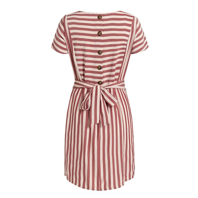 Striped Casual Buttons Strap Short Sleeve Summer O-neck A-line Holiday Dress