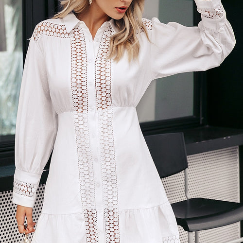 Load image into Gallery viewer, Elegant Cotton Lace Long Lantern Sleeve Ruffle A-line White Short Hollow Out Party Winter Dress
