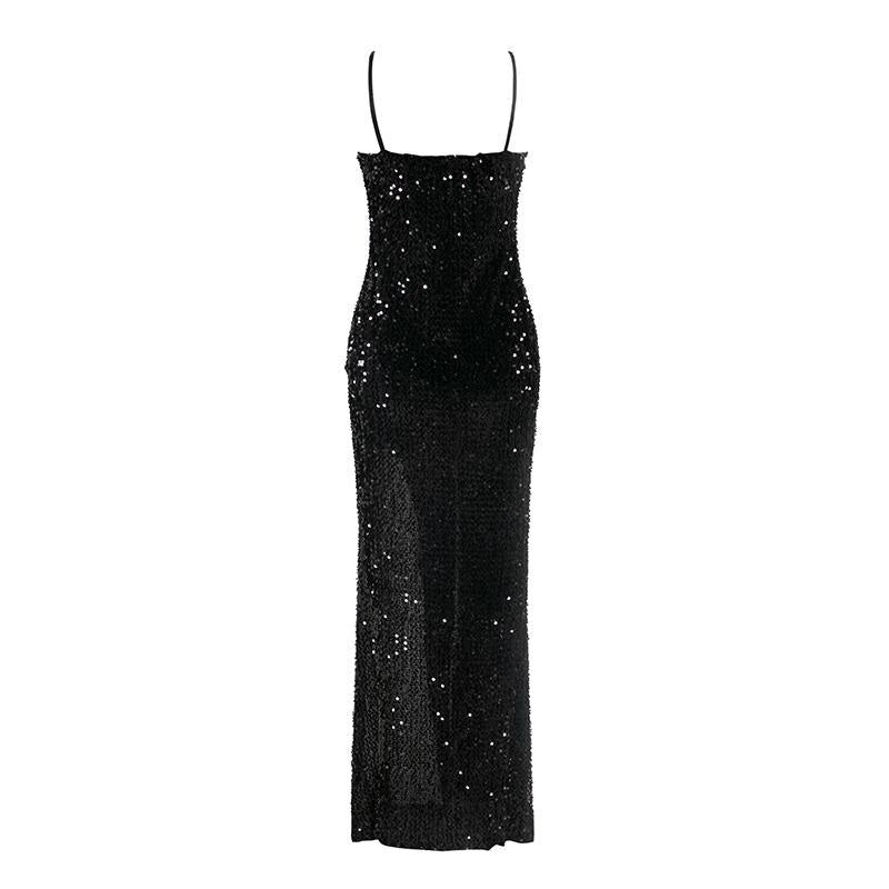 Sexy V-neck Sequined Long Spaghetti Strap Split Plus Size Elegant Bodycon Party Dress