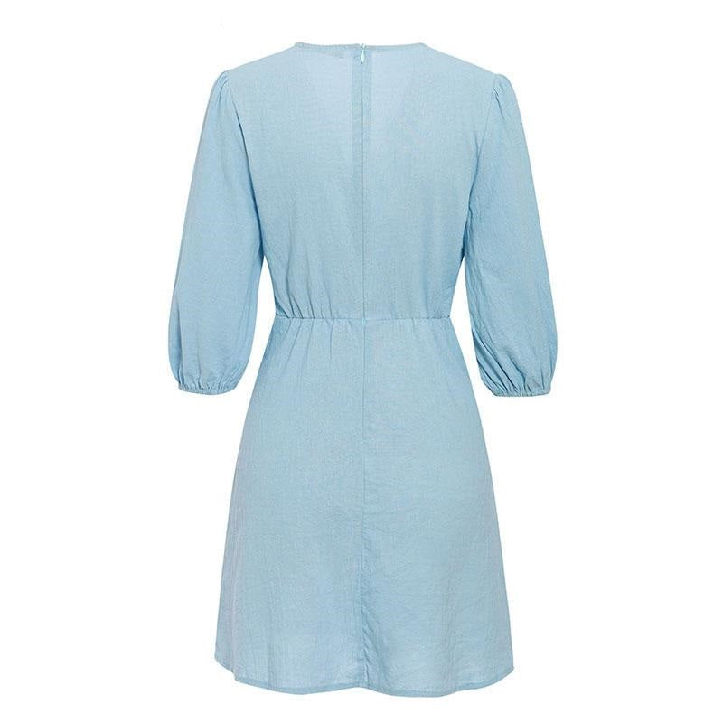 Casual V-neck Elegant Button Sash Belt Cotton Long Sleeve Vintage Mini Dress