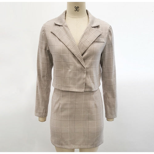 Load image into Gallery viewer, Two Piece Casual Plaid Elegant Long Sleeve Button Skirt Suits A-line Notched Office Dress
