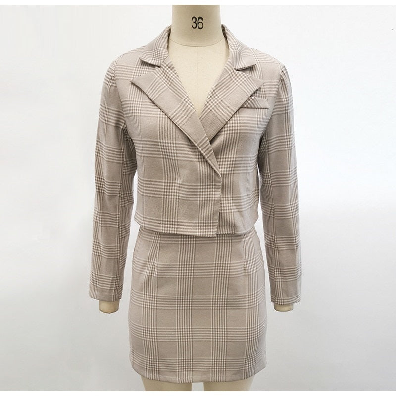 Two Piece Casual Plaid Elegant Long Sleeve Button Skirt Suits A-line Notched Office Dress