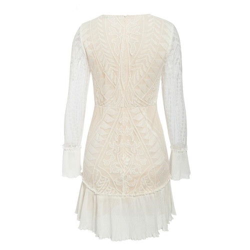 Load image into Gallery viewer, Sexy High Waist White Elegant Hollow Out Geometric Lace Ruffled Sleeve Office Party Dress
