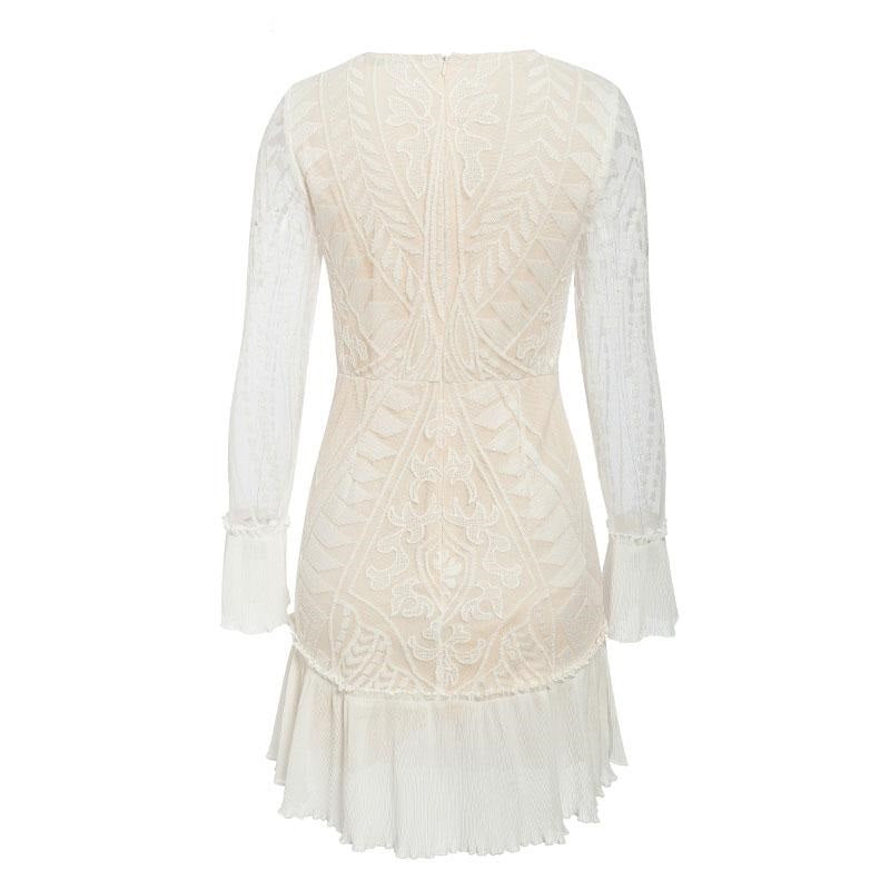 Sexy High Waist White Elegant Hollow Out Geometric Lace Ruffled Sleeve Office Party Dress