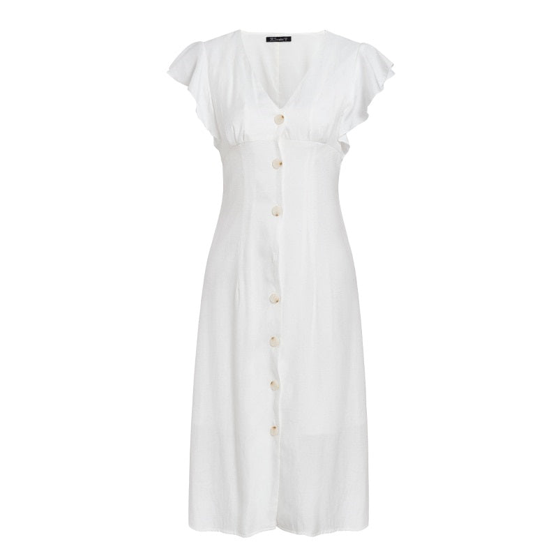 Sexy V-neck Ruffled Buttons High Waist Maxi Summer Work Office Casual Holiday Dress