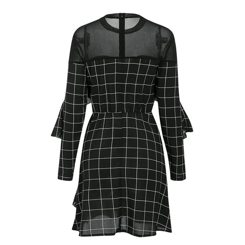 Load image into Gallery viewer, Elegant Office Lady Plaid Ruffled Long Sleeve Mini Straight O-neck Short Party Dress
