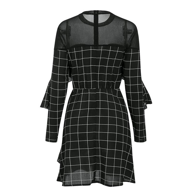 Elegant Office Lady Plaid Ruffled Long Sleeve Mini Straight O-neck Short Party Dress