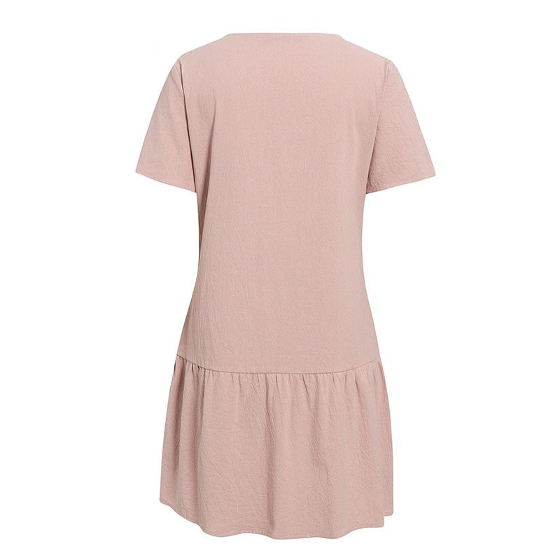 Casual Solid Summer V-neck Asymmetrical Buttons Cotton Party Short Sleeve Office Dress