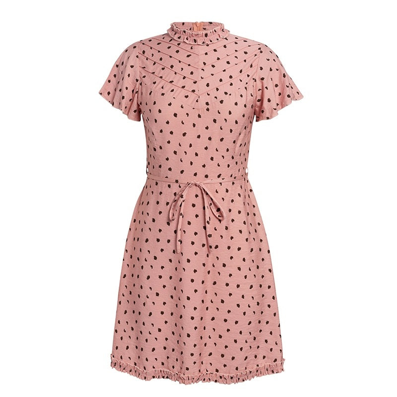 Elegant Leopard Print Linen Short Sleeve Lace Up A-line Spring Summer Ruffle Mini Dress