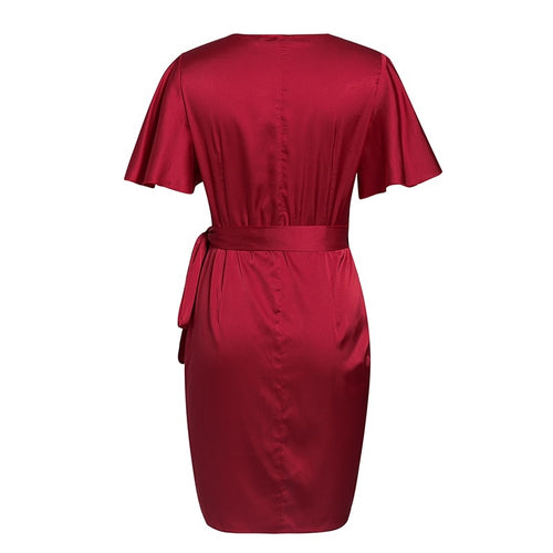 Load image into Gallery viewer, Sexy Red Party Streetwear Solid Ruffled Wrap Sash Mini V-neck Asymmetrical Chic Evening Summer Dress
