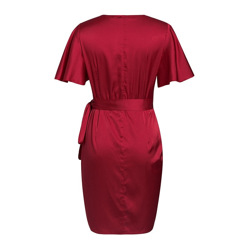Sexy Red Party Streetwear Solid Ruffled Wrap Sash Mini V-neck Asymmetrical Chic Evening Summer Dress