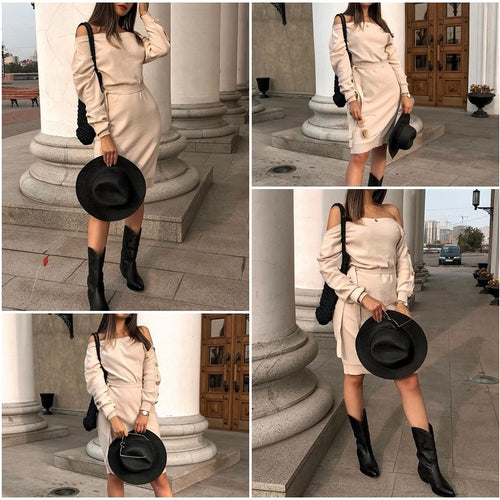 Load image into Gallery viewer, Casual Knitted Pullover Autumn Winter One Shoulder Buttons Loose Midi Elegant Belted Knitting Dress
