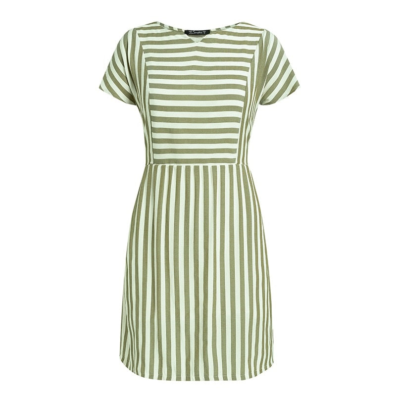 Striped Casual Buttons Strap Short Sleeve Summer O-neck A-line Holiday Dress