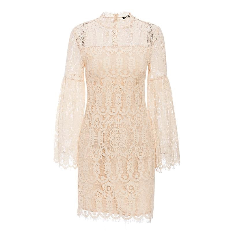 Sexy Lace Embroidery Elegant Flare Sleeve Ruffled Office Dress