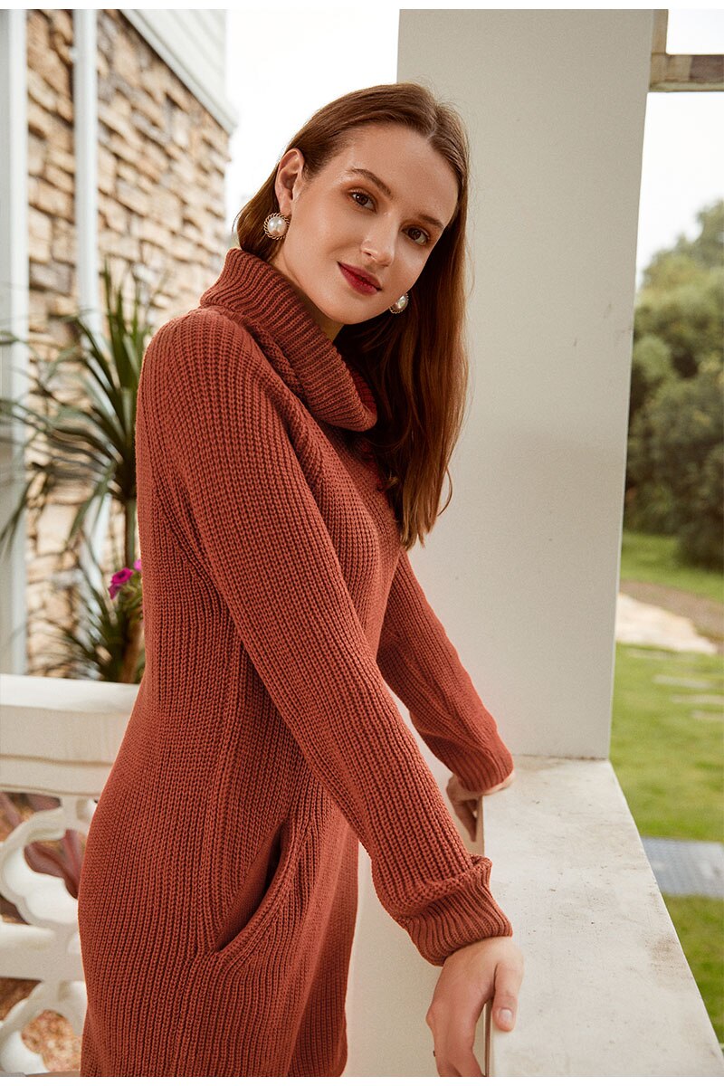 Turtleneck Knitted Sweater Casual Loose Long Sweater Pullover Winter Oversize Pull Knit Dress