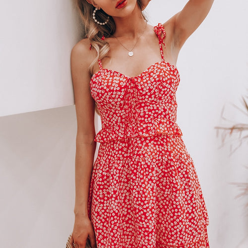 Load image into Gallery viewer, Sleeveless Floral Print Summer High Waist Lace Up Ruffle Mini Beach Boho Dress
