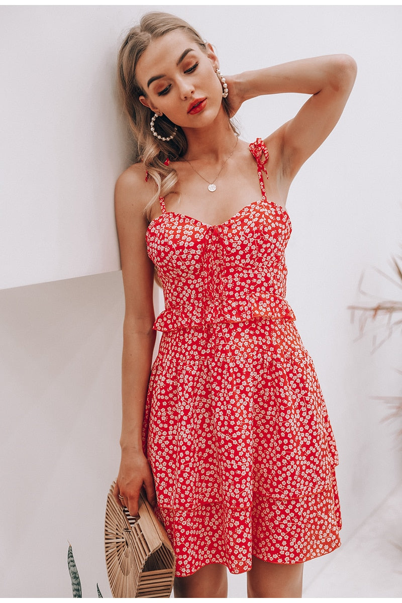 Sleeveless Floral Print Summer High Waist Lace Up Ruffle Mini Beach Boho Dress