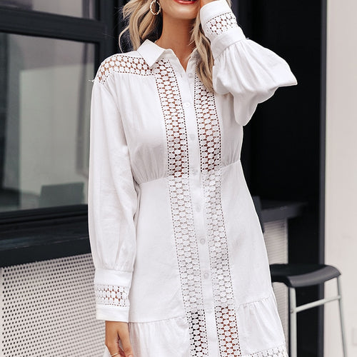 Load image into Gallery viewer, Elegant Cotton Lace Long Lantern Sleeve Ruffle A-line White Short Hollow Out Party Winter Dress
