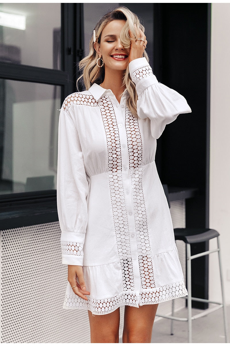 Elegant Cotton Lace Long Lantern Sleeve Ruffle A-line White Short Hollow Out Party Winter Dress