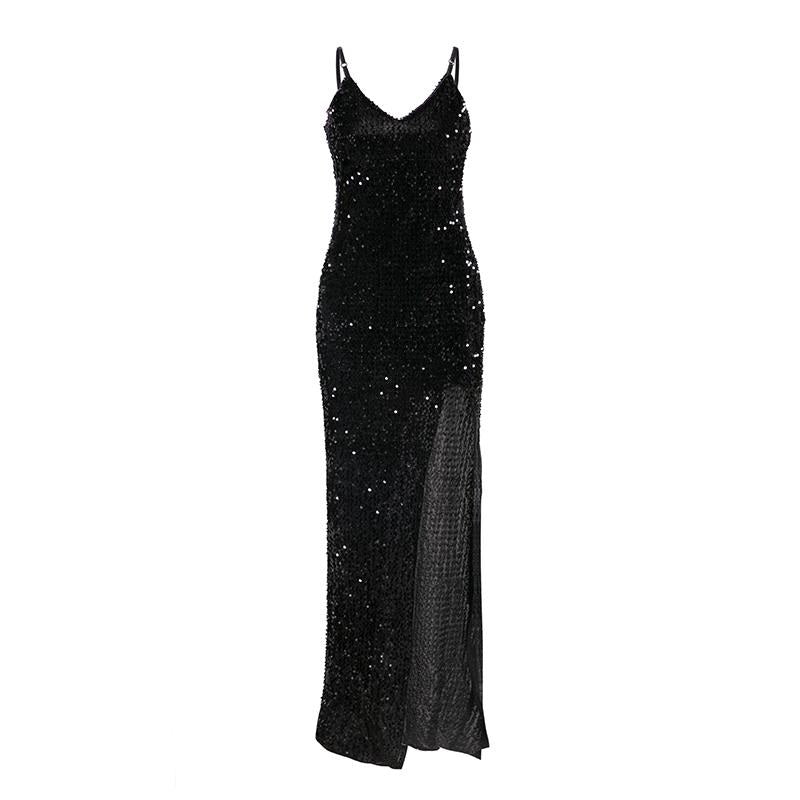 Sexy V-neck Sequined Long Spaghetti Strap Split Plus Size Elegant Bodycon Party Dress