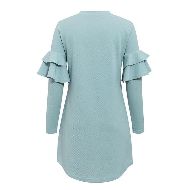 Elegant Ruffled Long Sleeve Work Solid O-neck Slim Fit Mini Dress