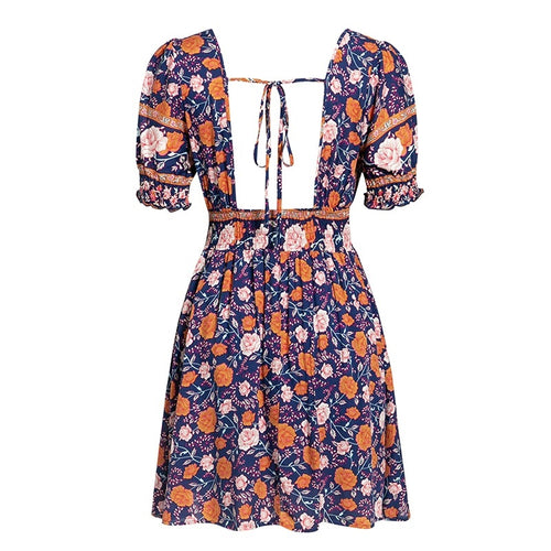 Load image into Gallery viewer, Blackless Floral Print Summer High Waist Puff Sleeve Ruffled Boho Ruched A-line Mini Dress
