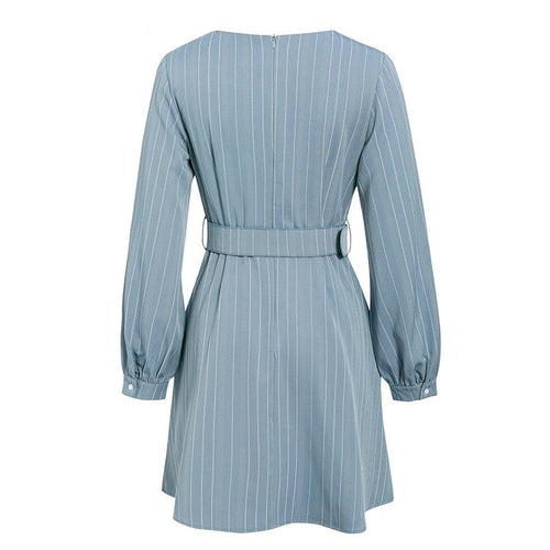 Load image into Gallery viewer, Sexy V-neck Striped Casual Long Sleeve Fashion Belt A-line Office Mini Dress
