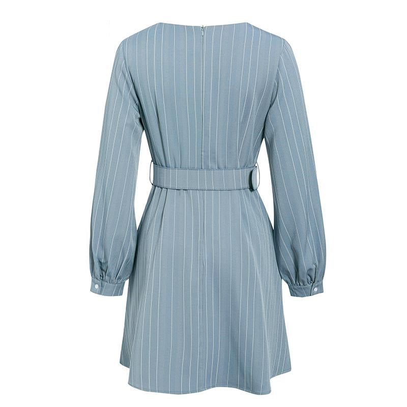 Sexy V-neck Striped Casual Long Sleeve Fashion Belt A-line Office Mini Dress