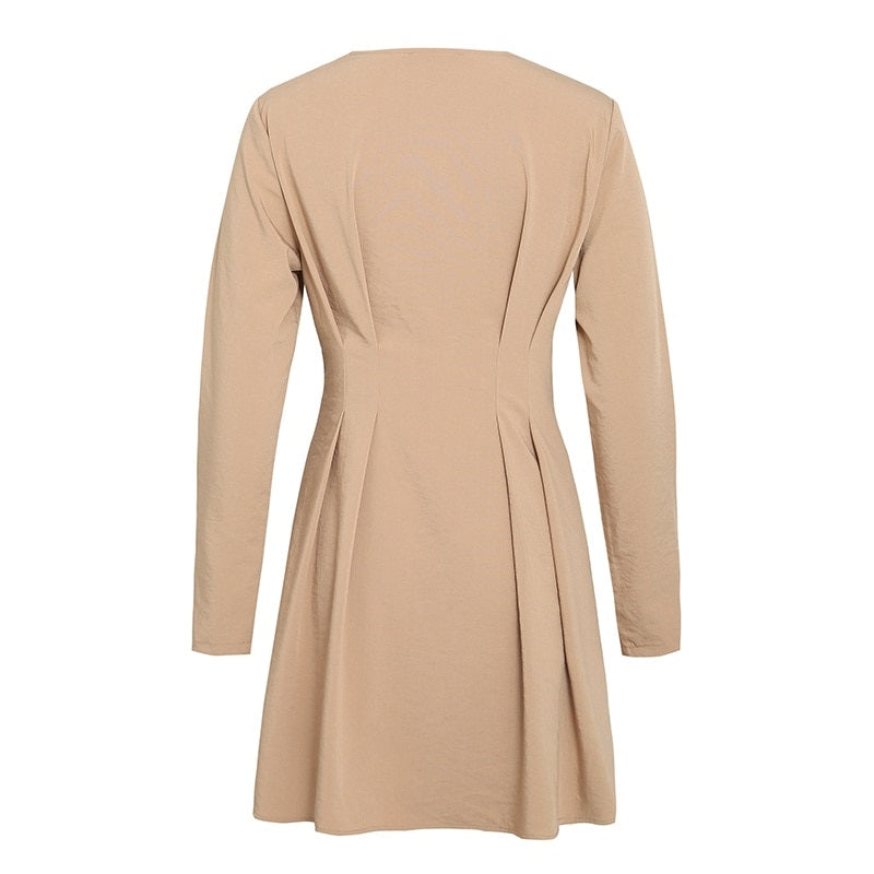 V-neck Casual Solid Long Sleeve Knitted Button A-line Fitted Office Dress
