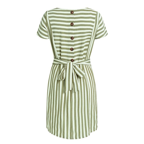 Load image into Gallery viewer, Striped Casual Buttons Strap Short Sleeve Summer O-neck A-line Holiday Dress
