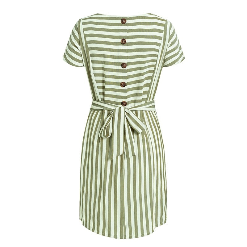 Striped Casual Buttons Strap Short Sleeve Summer O-neck A-line Holiday Dress